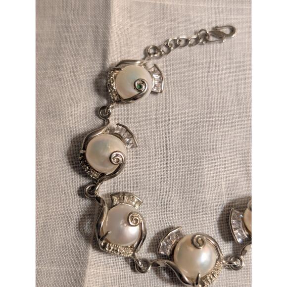 Marked 18K GP Silver Tone Faux Mabe Pearl CZ Hook Clasp 7.5"-8.5" Bracelet - Picture 2 of 10